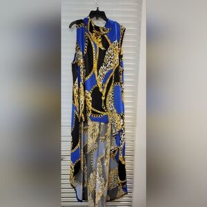 miami Chain & Leopard High-Low Dress in Blue, Black & Gold